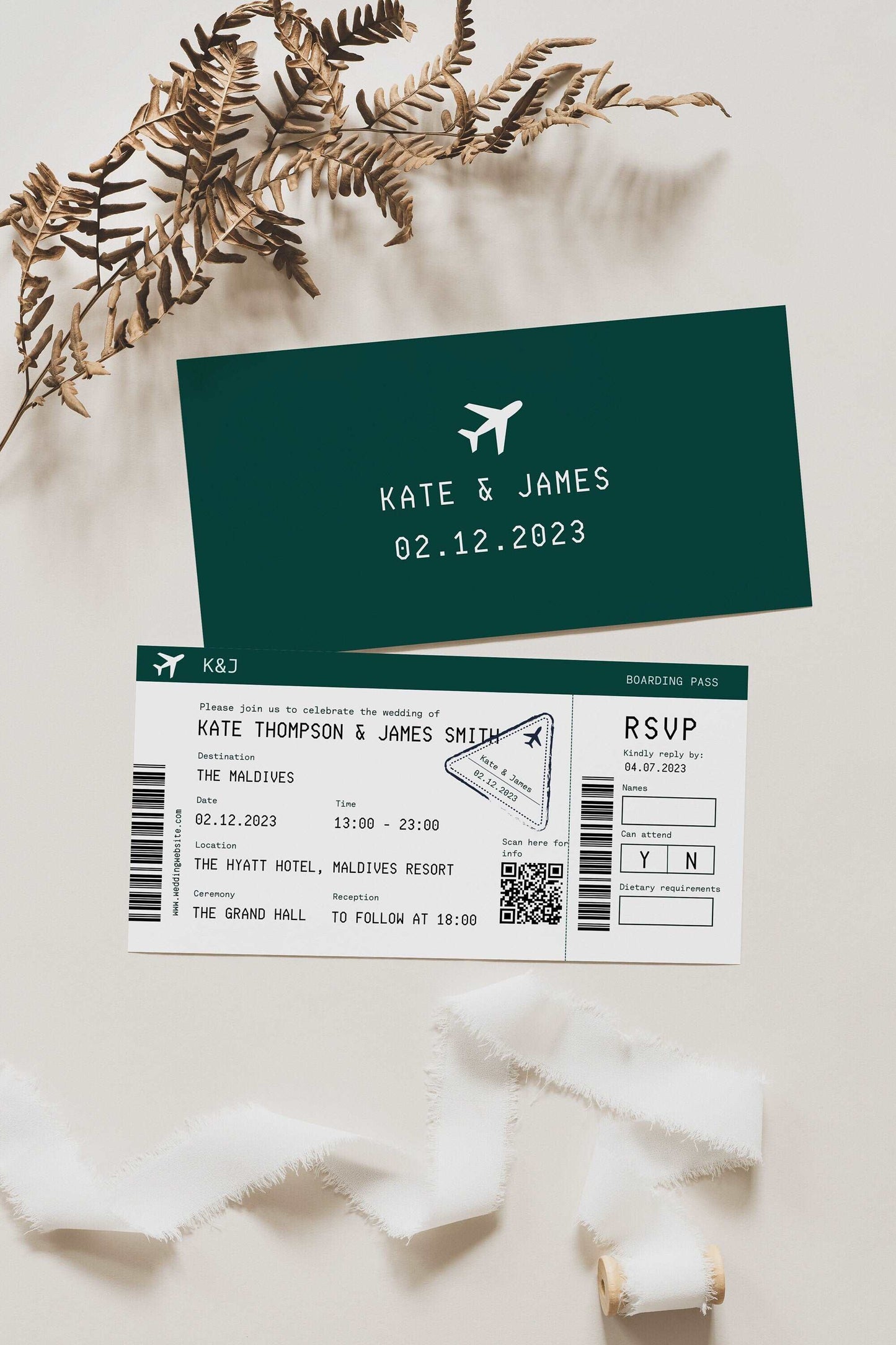 Travel ticket wedding invitation | forest green