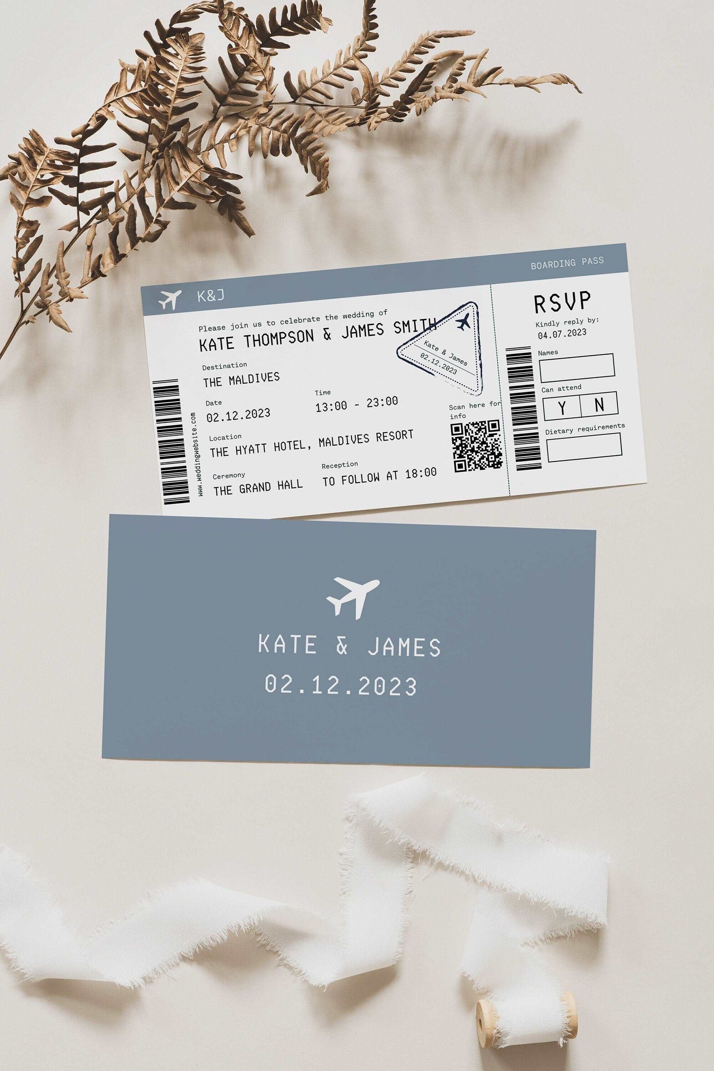 Boarding pass wedding invitation in dusty blue
