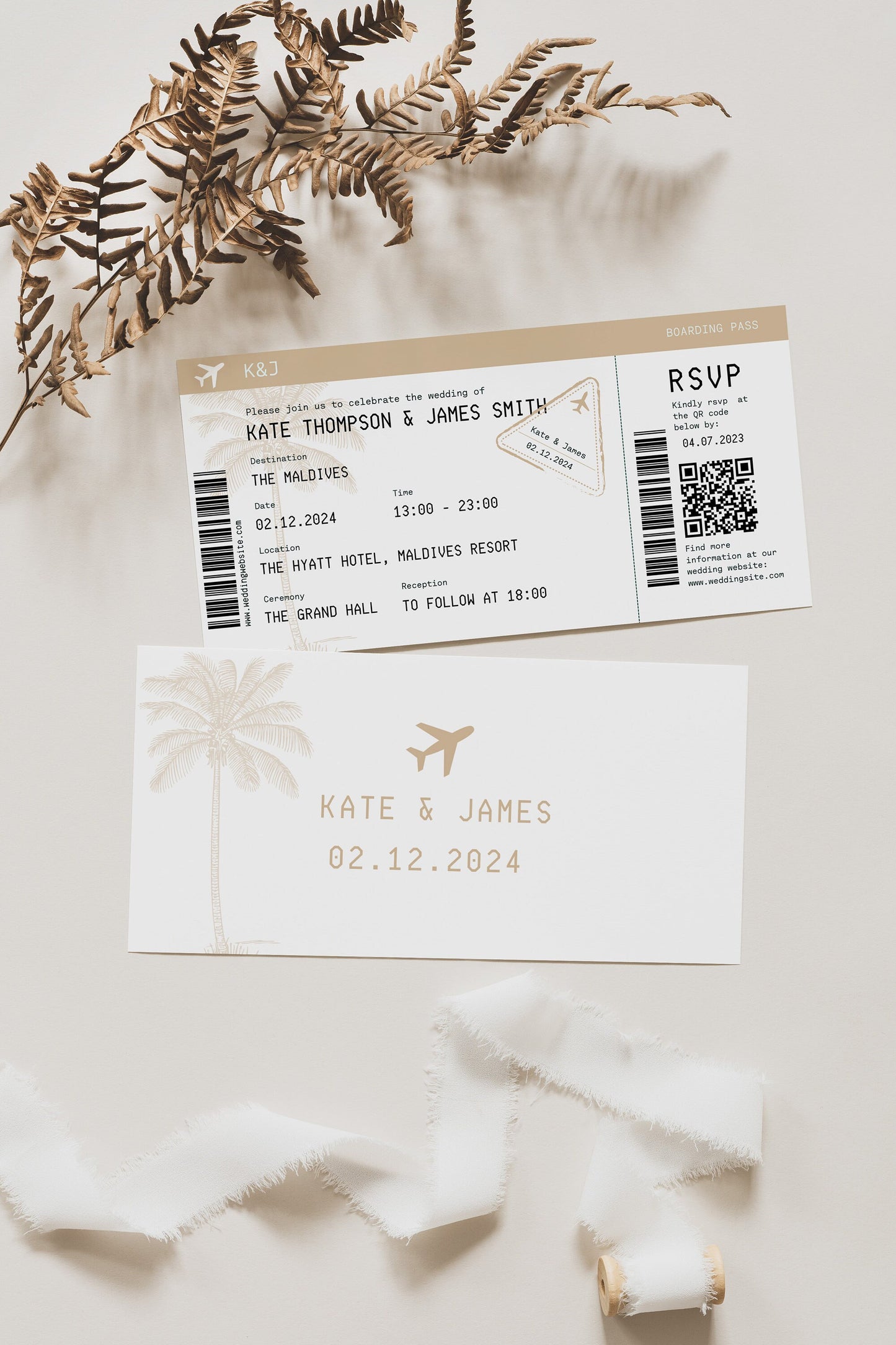 Palm Tree Boarding Pass Wedding Invitation