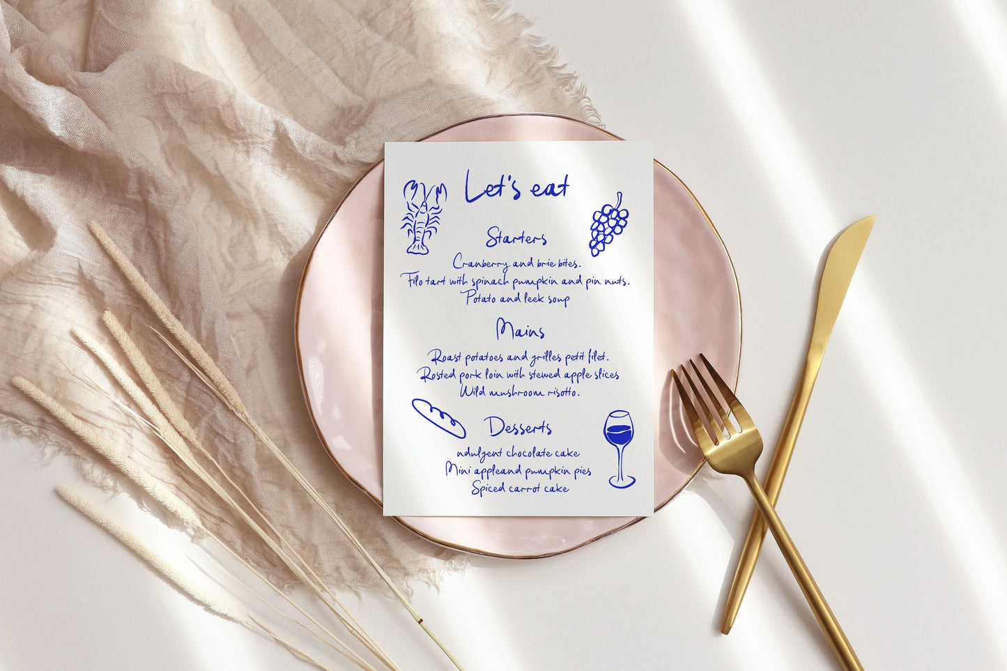 Blue Hand written Italian Wedding Menu