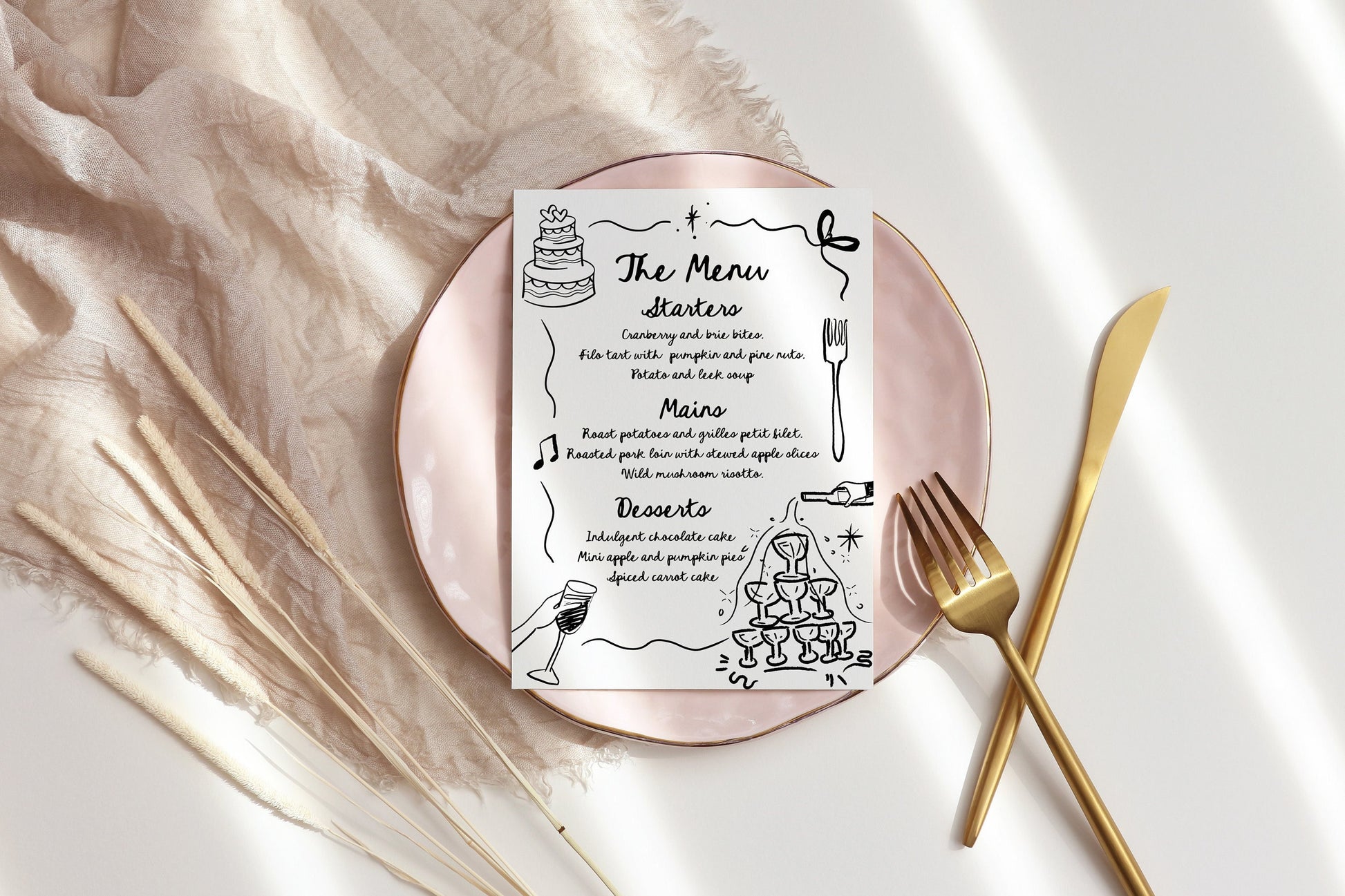 Hand Drawn Wedding menu with doodles 