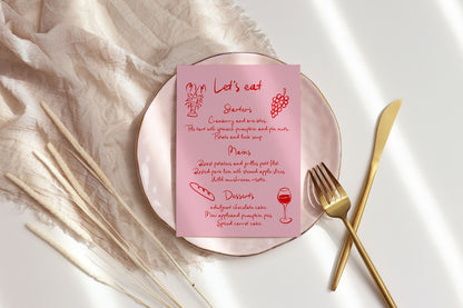 Pink Hand written Italian Wedding Menu