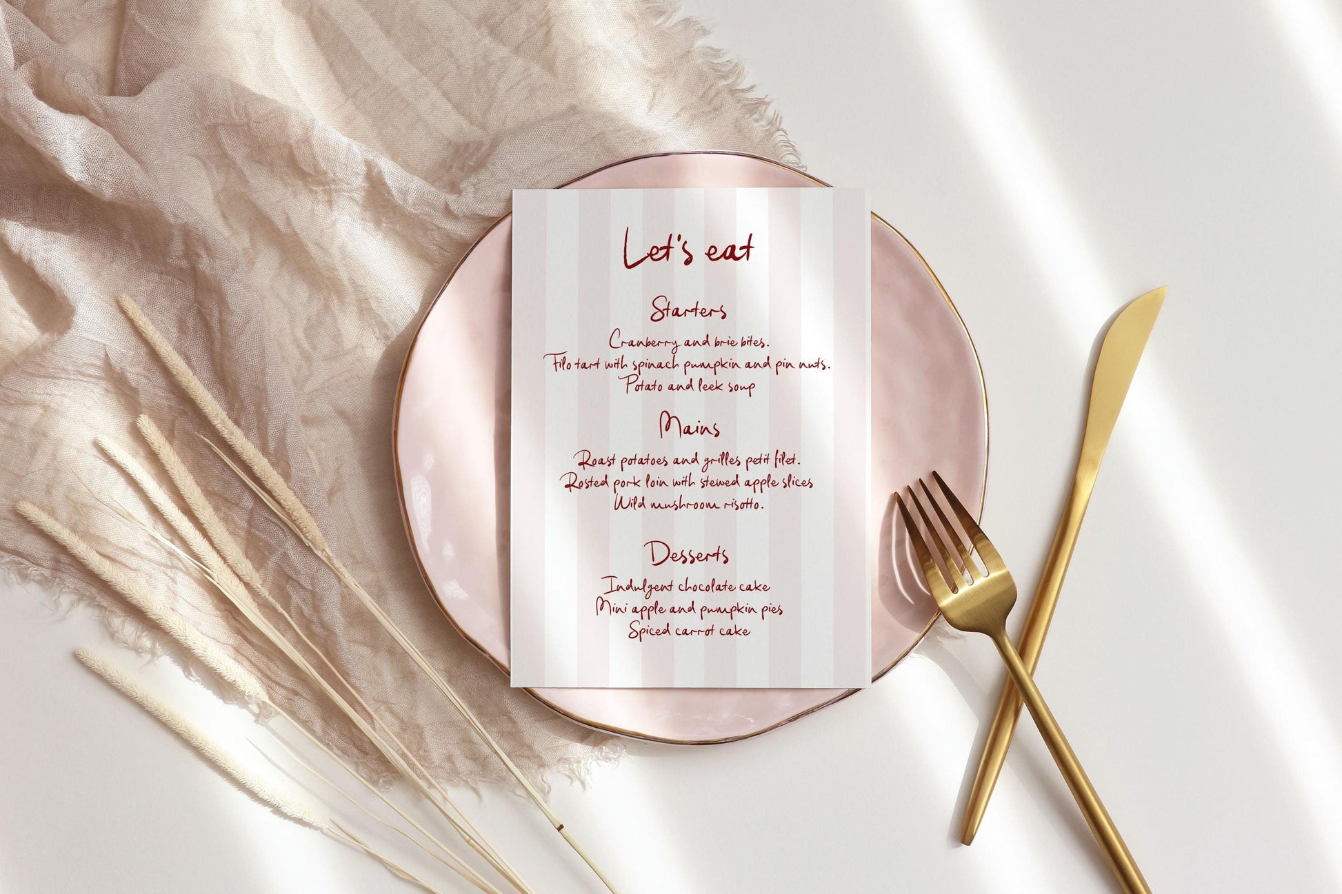 Pink Striped Menu, Handwritten Menu