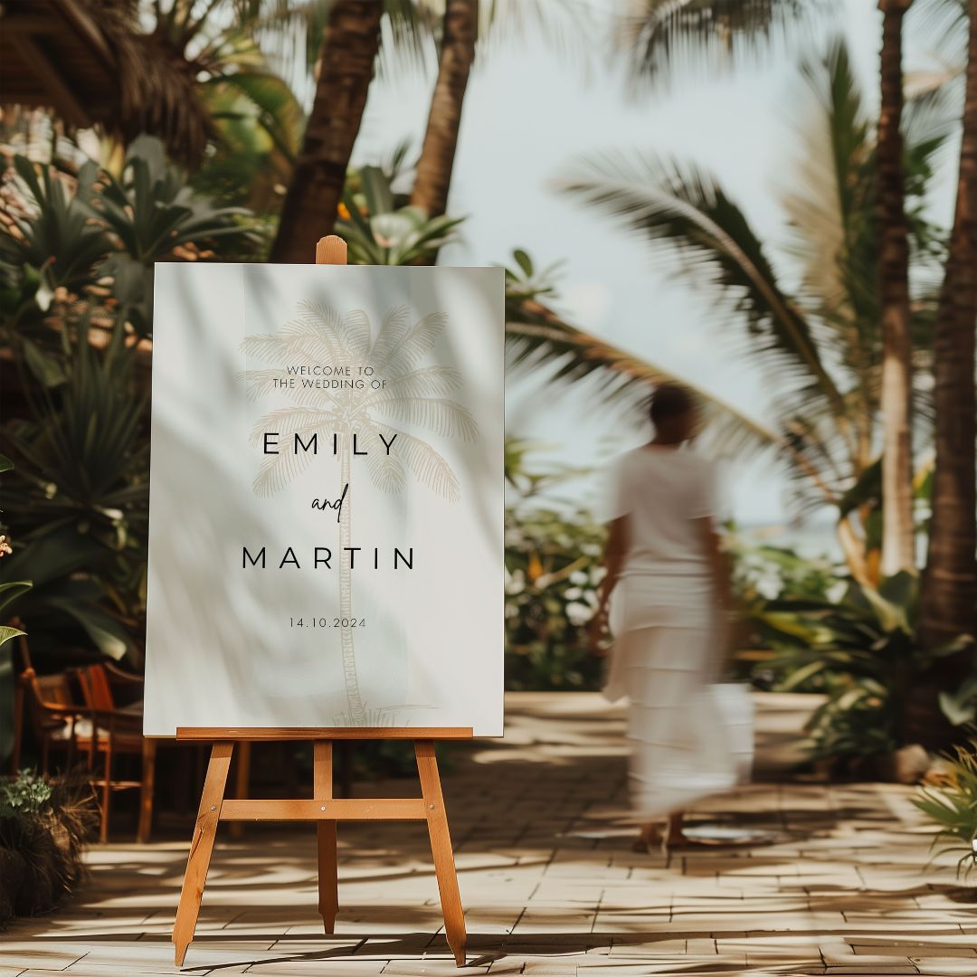 Modern wedding welcome sign featuring a golden tropical palm tree