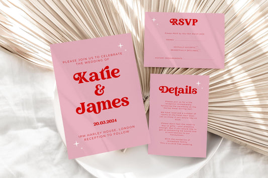 Pink Retro Wedding Invitation Suite,