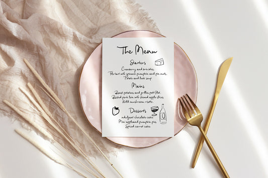 A wedding menu featuring a handwritten font and doodle scribble illustrations
